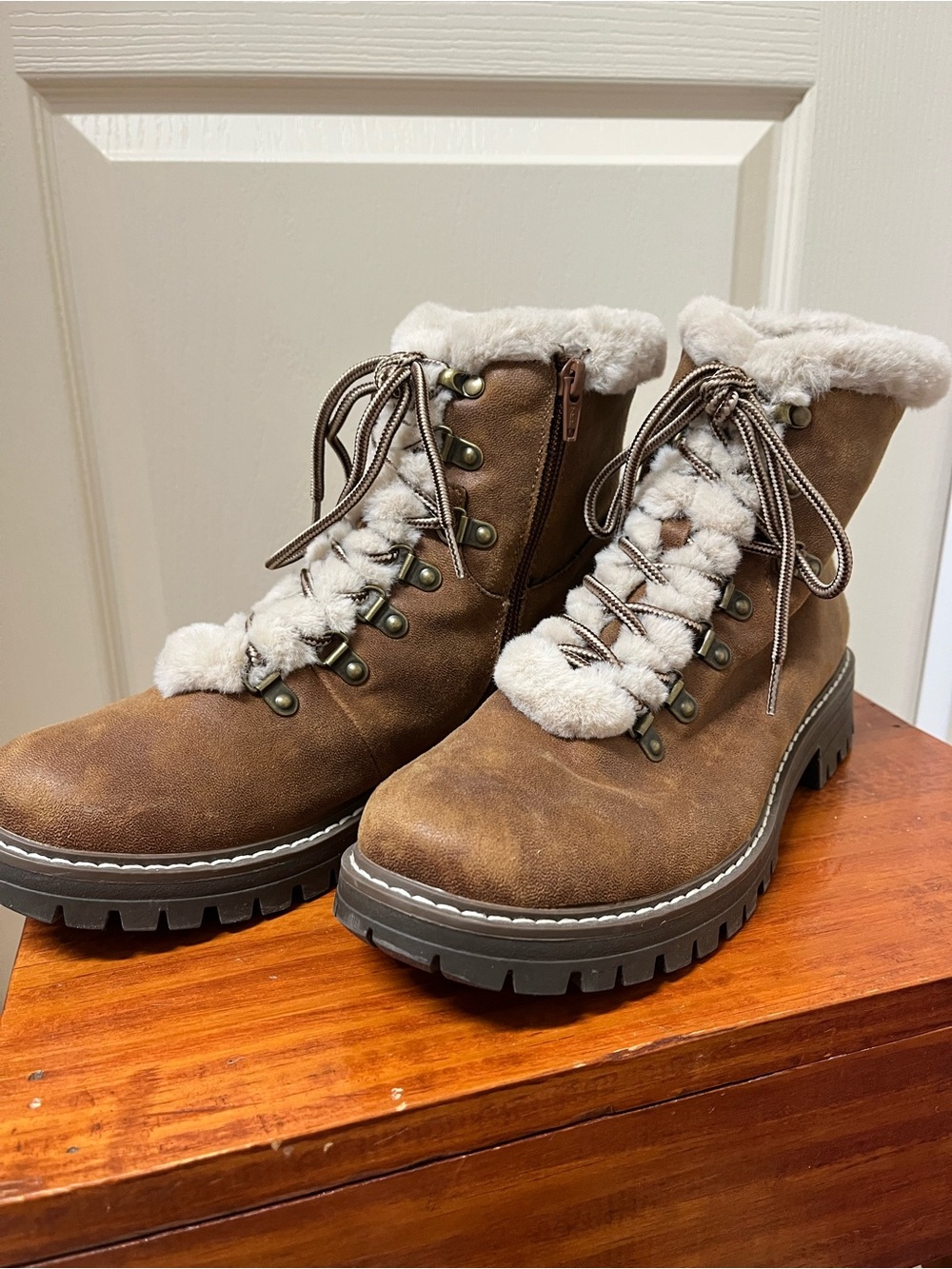 Brown Lace-Up Faux Shearling Boots